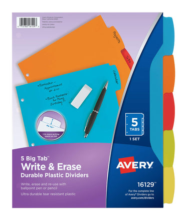 Avery Big Tab Write & Erase Durable Plastic Dividers for 3 Ring Binders, 5-Tab Set, Bright Multicolor, 1 Set (16129)